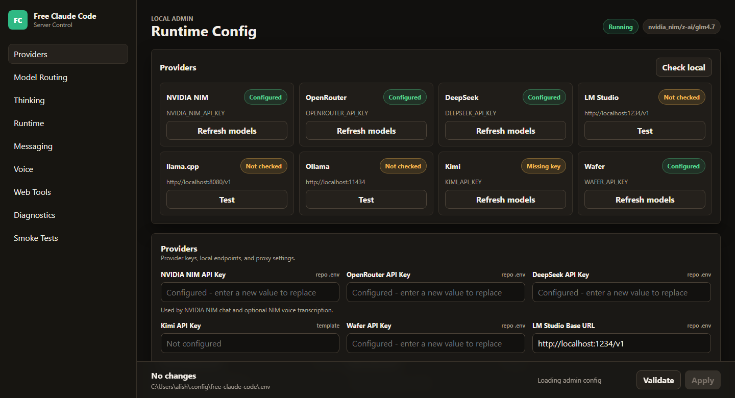 Free Claude Code Admin UI