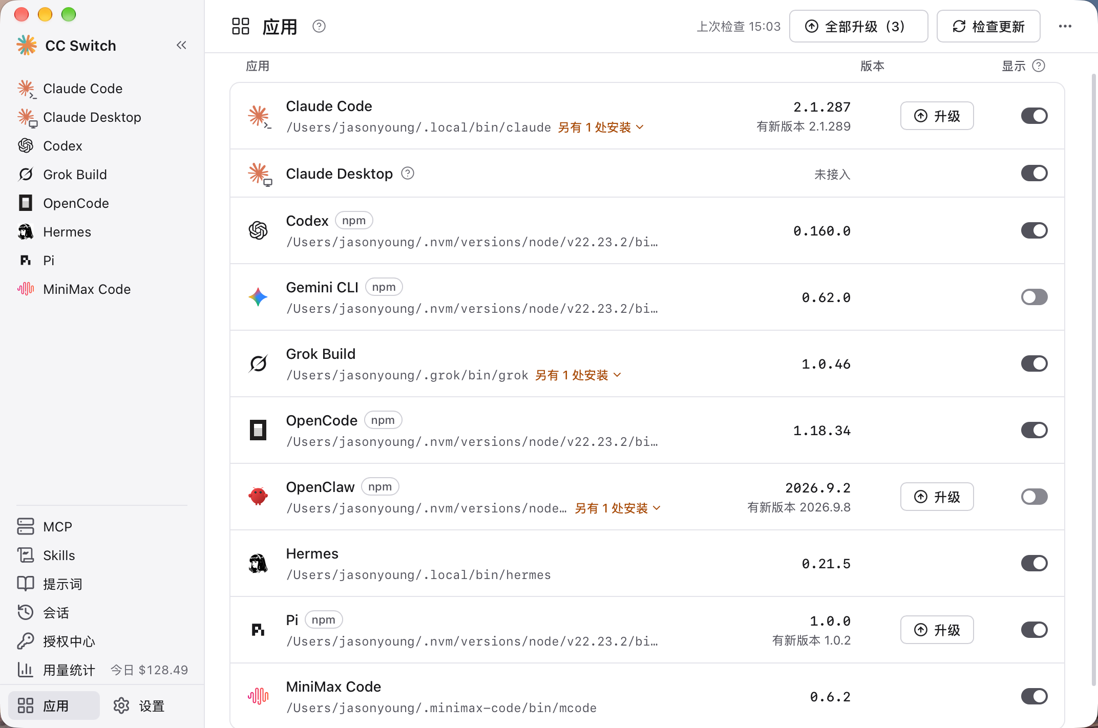 应用页：集中管理各个 AI 编程工具的版本、安装与升级