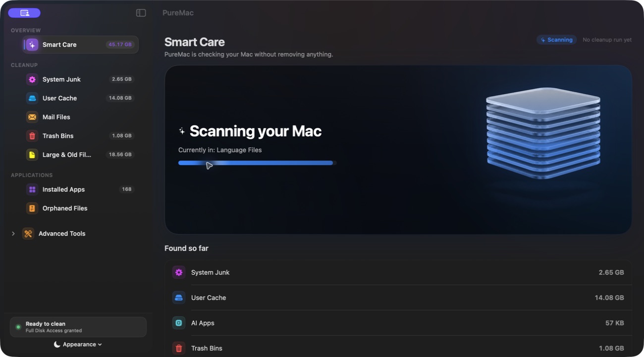 PureMac scanning - live progress with categories and sizes as they are found
