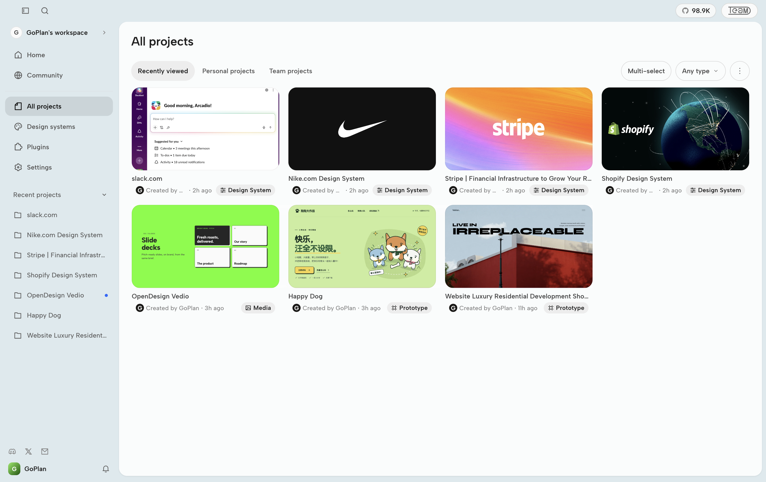 OpenDesign All projects page showing recent design systems, media, and prototypes