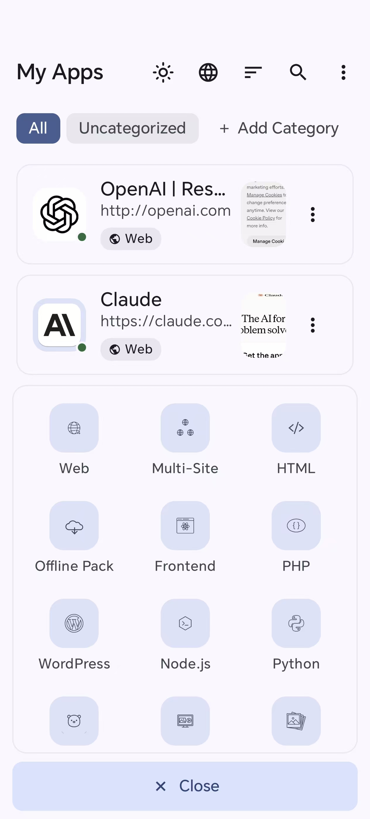 Create panel with 12 app types