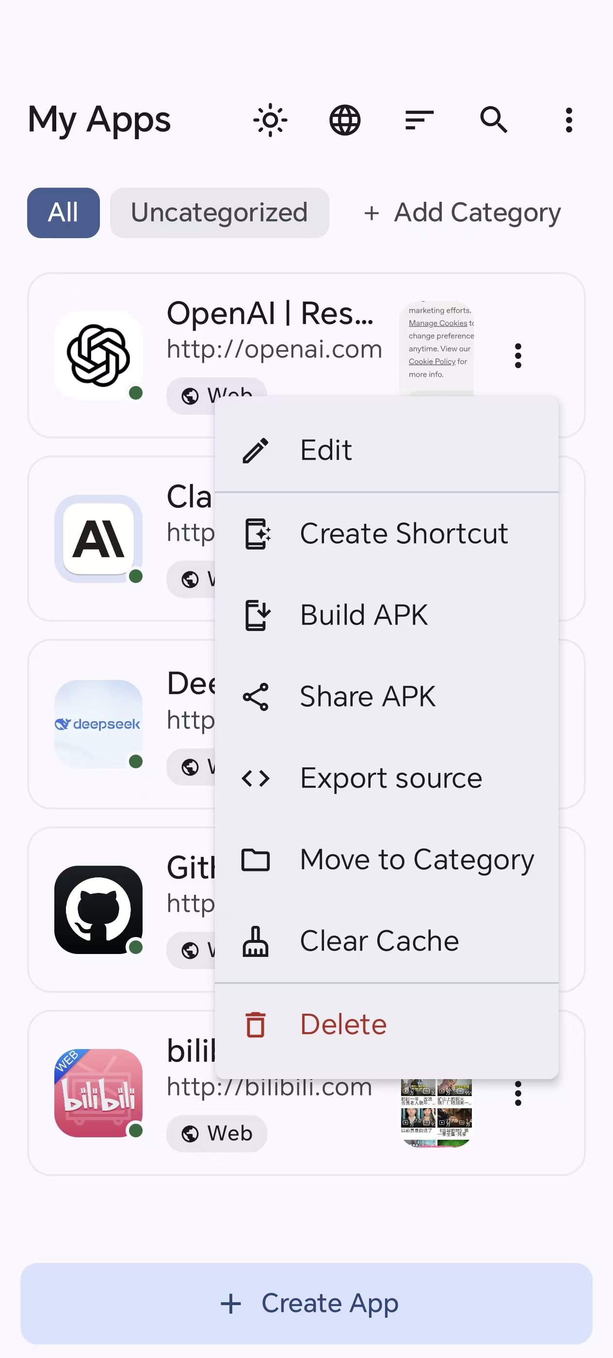 Per-app action menu