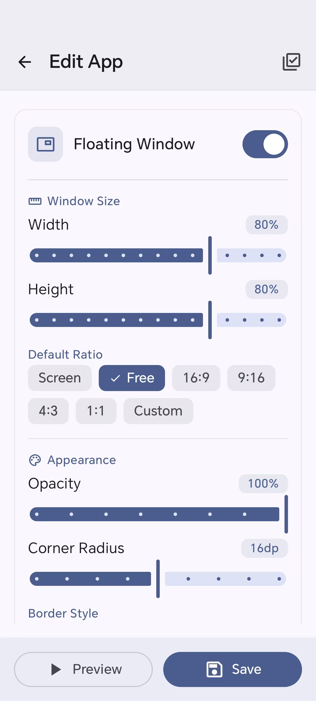 Editor floating window settings