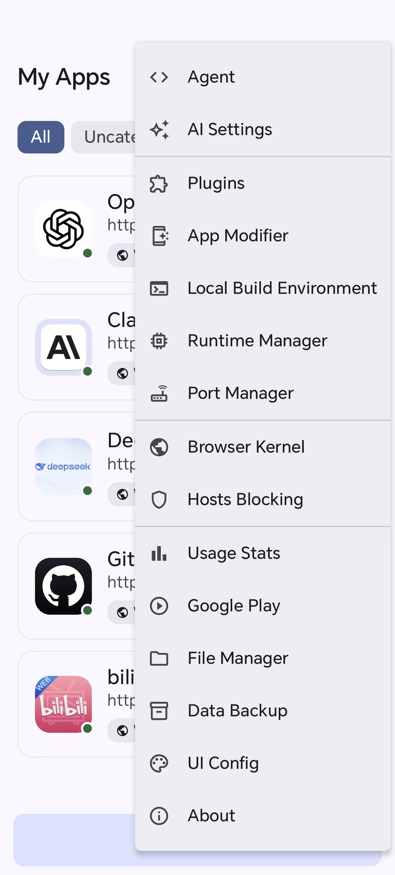 Main toolbox menu
