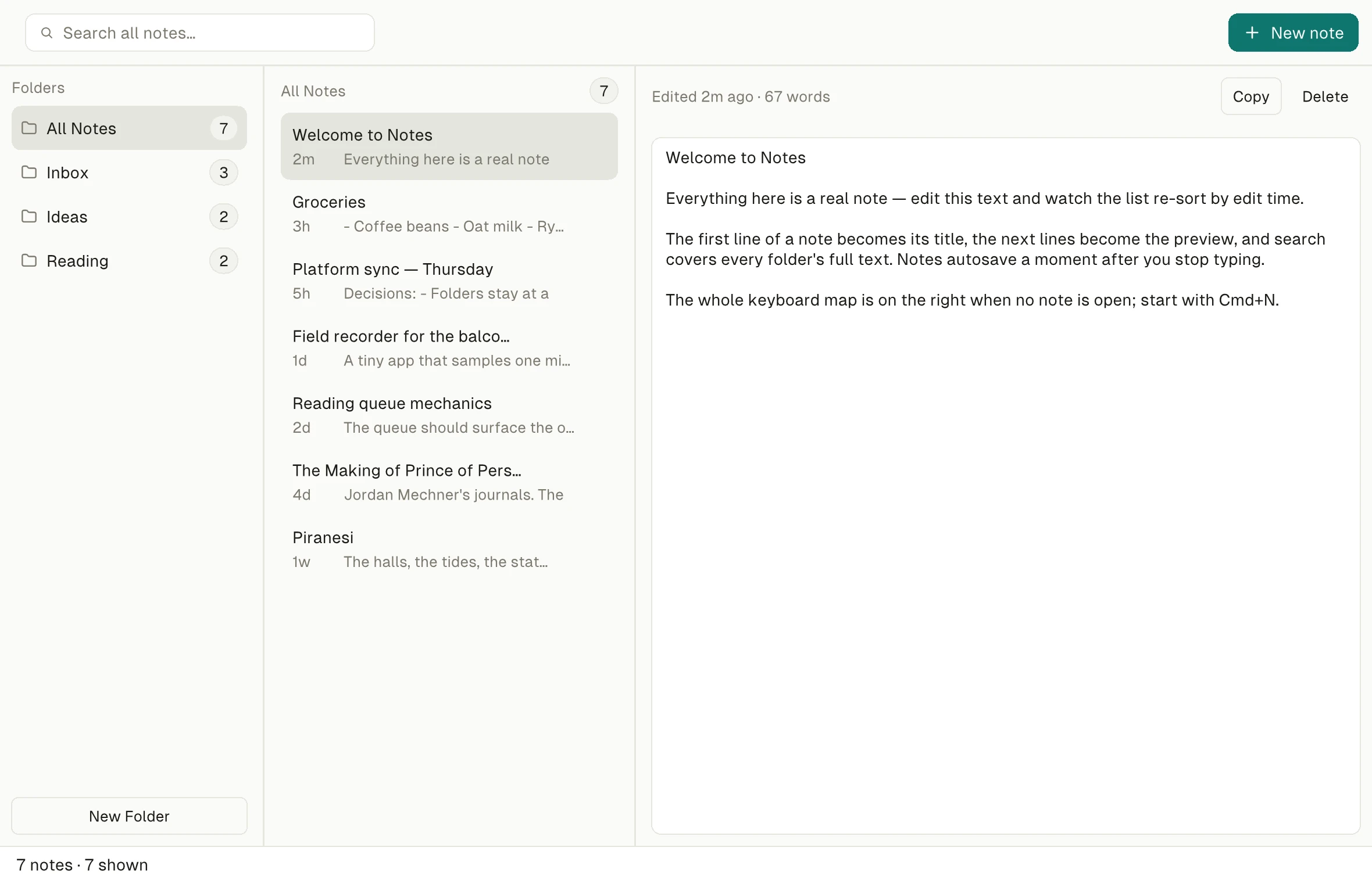 The Notes example app rendered by the Native SDK engine: a three-pane notes manager with folders, a note list, and an open note