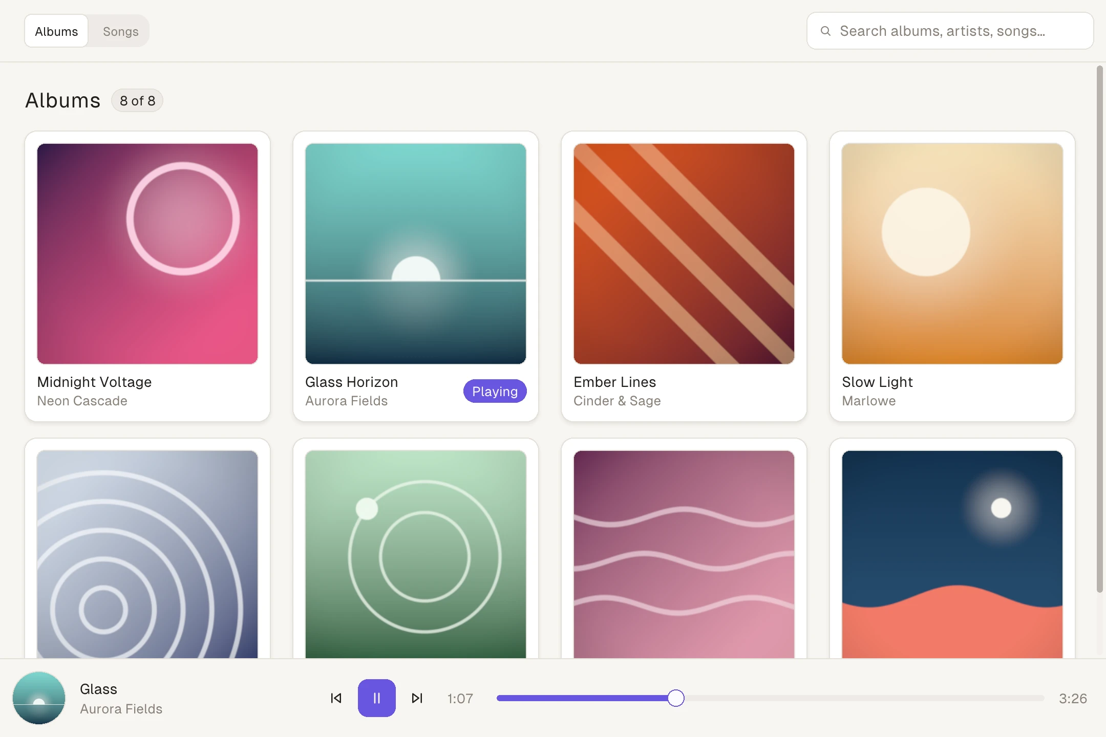 The Soundboard example app rendered by the Native SDK engine: a music library with album cover art, search, and a playback bar