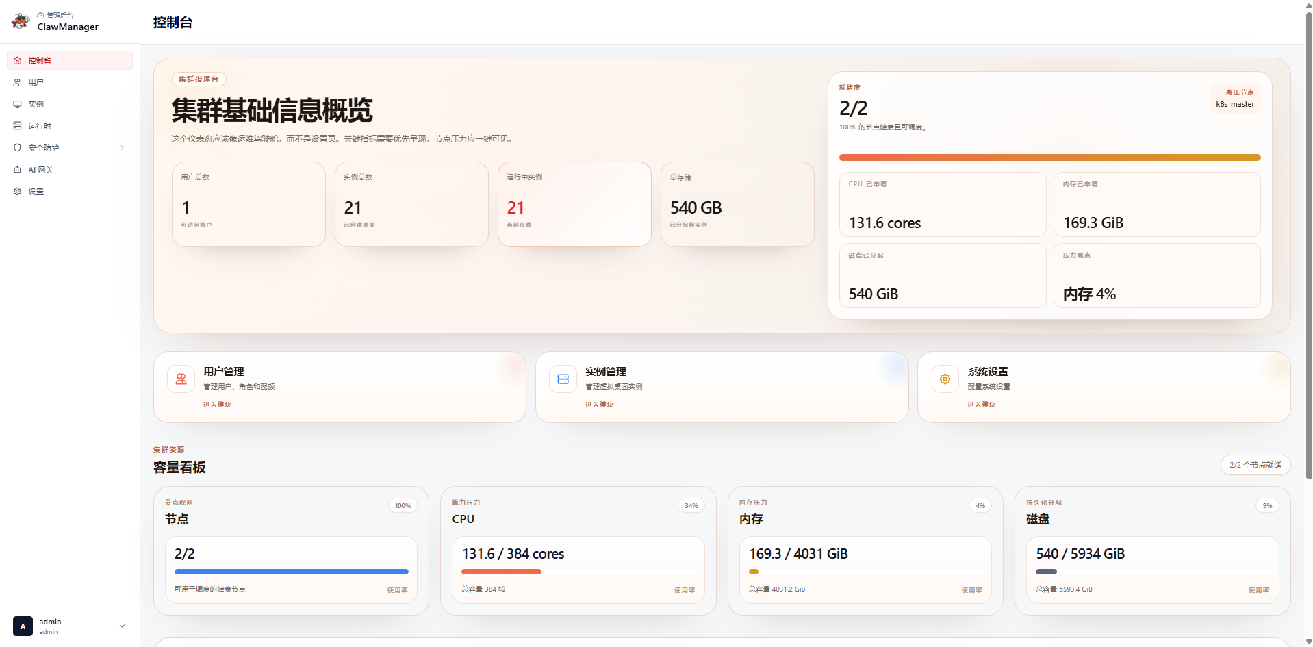 ClawManager admin console and cluster capacity overview